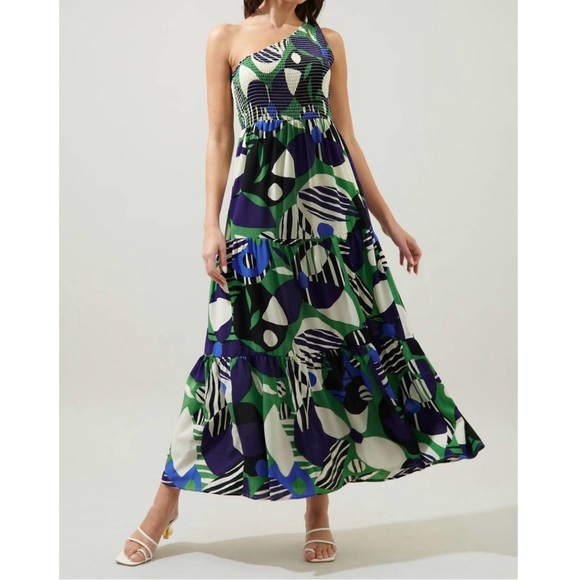 Sugarlips Dresses & Skirts - Sugarlips Xandria Geometric Smocked One Shoulder Tiered Maxi Dress Blue Green S